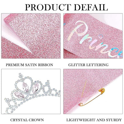COCIDE Princess Sash and Tiara Set for Girls and Women - Happy Birthday Party Accessories Kit with Pink Crown, Crystal Rhinestone Tiara, Glitter Sash Decorations