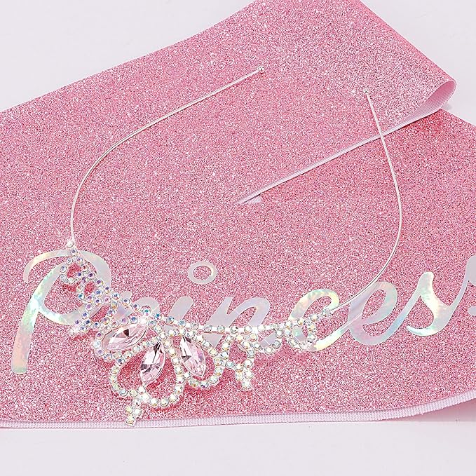 COCIDE Princess Sash and Tiara Set for Girls and Women - Happy Birthday Party Accessories Kit with Pink Crown, Crystal Rhinestone Tiara, Glitter Sash Decorations