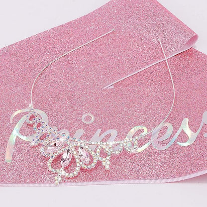 COCIDE Princess Sash and Tiara Set for Girls and Women - Happy Birthday Party Accessories Kit with Pink Crown, Crystal Rhinestone Tiara, Glitter Sash Decorations