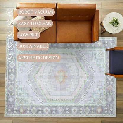 Fame Living Washable Area Rug. Modern Farmhouse. Vintage. Turkish. Bohemian. Distressed. Oriental. Traditional. Rugs for Living Room. Dining. Bedroom. Office. Entryway. Foyer. (856GrnCrm, 2'5" x 4'9")