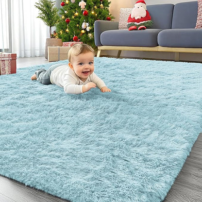 OLANLY Area Rugs for Living Room Bedroom, Machine Washable 4x5.9 ft Soft Fluffy Shaggy Bedside Rug, Indoor Floor Carpet for Kids Girls and Boys, Dorms, Nursery Rooms, Home Decor Aesthetic, Light Blue