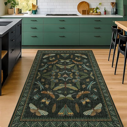 Dark Green 4x6 Washable Area Rug for Living Room, Bedroom, Large Entryway, Kitchen, Ultra Soft Non Slip Stain Resistance, Floral Forest with Brown Aethestic Design