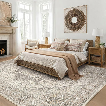 Area Rug 10x12 Washable Vintage - Soft Traditional Rugs for Living Room Large Non Slip Backing with Low Pile Farmhouse Oriental Retro Carpet for Bedroom Dining Room or Home Office - Light Brown