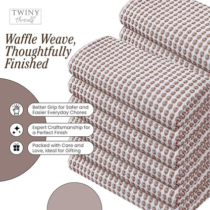 TWINY threads 4 Pack Honeycomb Circle Waffle Dish Towels 16x26 Inches, 100% Cotton, Durable, Thick, Waffle Weave Tea Towels, Great for Handling Hot Pots, Heavy Cleaning, Brown