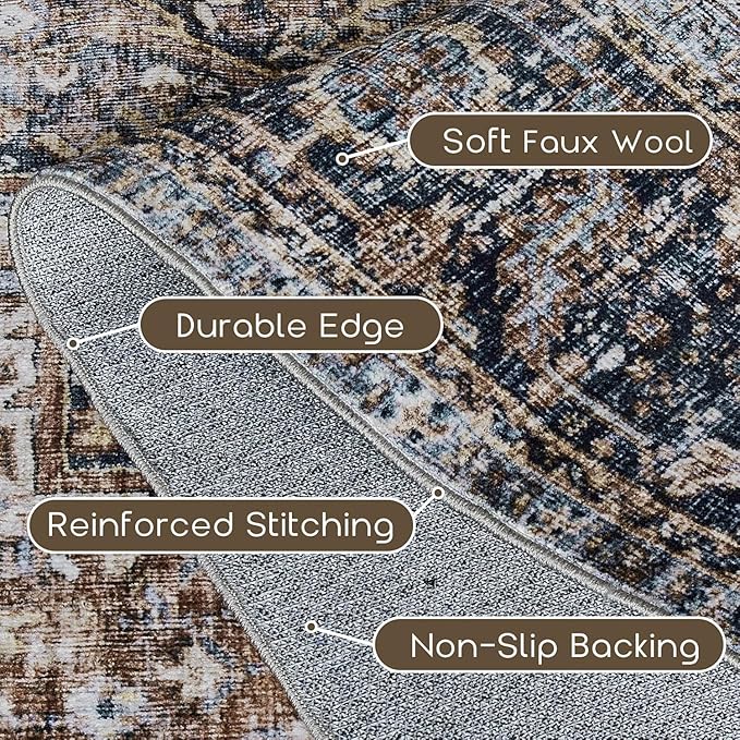 BILEEHOME Brown Rug for Living Room 8x10 Washable Organic Rustic Western Area Rugs for Cabin,Brown and Teal Blue