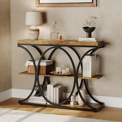 Garvee 39" Narrow Console Tables for Entryway, Industrial 3-Tier Sofa Table with Round Metal Base and Storage Shelves for Living Room, Hallway, Foyer, Retro Brown