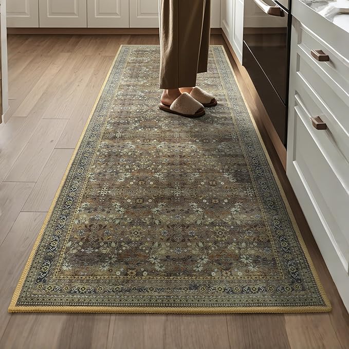 2x6 Washable Kitchen Runner Rug for Hallways, Non Slip Laundry Runners for Bathroom, Low Pile Rubber Backed Rugs for Entryway, Vintage Floral Carpet for Living Room Bedroom Brown/Yellow