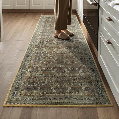 2x6 Washable Kitchen Runner Rug for Hallways, Non Slip Laundry Runners for Bathroom, Low Pile Rubber Backed Rugs for Entryway, Vintage Floral Carpet for Living Room Bedroom Brown/Yellow