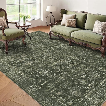 Washable Area Rug 6x9 Green Rugs for Living Room, Vintage Boho Large Rug for Bedroom Dining Room Office, Distressed Floral Print Carpet for Under Table, Soft Non Slip Low Pile Throw Carpet Indoor Mat