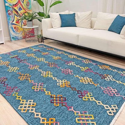 Alfa Rich 4x6 Moroccan Blue Washable Area Rugs for Living Room Bedroom Kitchen Decor Cotton Rug