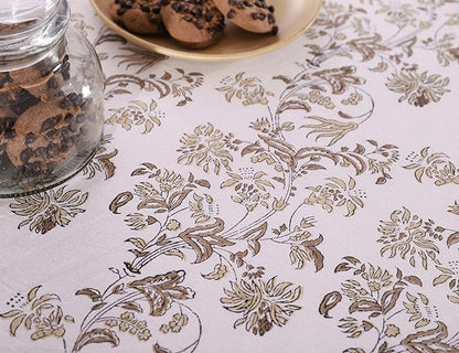 Labhanshi Indian Handblock Print Floral 100% Cotton Pre-Washed Canvas Rectangle Table Cloth|72x135 Inch 10-Seater Large Decorative Table Cover|Spring Easter Festive Holiday Decor|Beige Brown