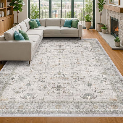 Hazo Haus Boho Light Grey Living Room Rug 8x10 - Modern Vintage Eclectic Floral Pastel Neutral Taupe, Washable Low Pile Non-Slip Extra Large Area Rugs for Dining Under Table Bedroom Lounge