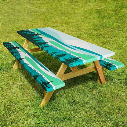 Picnic Table Cover with Bench Covers Camping Essentials Outdoor Reusable Waterproof Tablecloth with Storage Bag, Fitted Rectangle Tables and Seats, 72in, Green Landscape