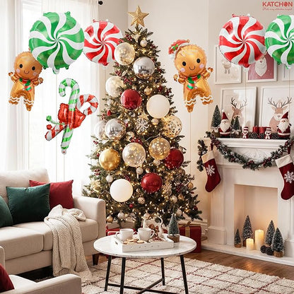 KatchOn, Shiny Candy Cane with Gingerbread Foil Balloons - 10 Pcs, 24 Inch | Christmas Balloons Decorations for Gingerbread Christmas Decorations Indoor | Candy Cane Balloon | Birthday Party Supplies