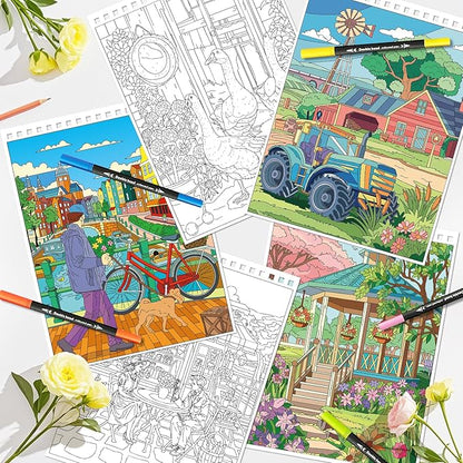 Kalysky Country Farm Adult Coloring Book Set - 3 Coloring Books for Adults Relaxation, Country Gardens, Farm & City Sights Themes | Stress Relief Coloring Book for Women