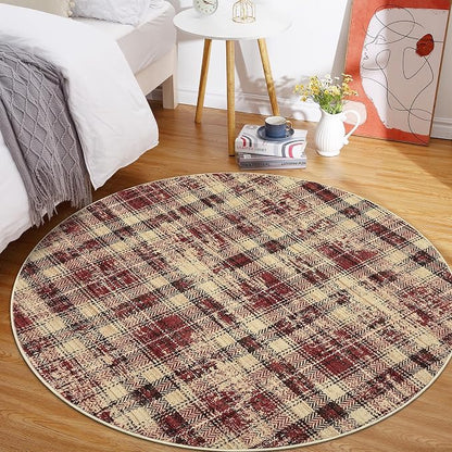 Tartan Plaid Round Rugs 5Ft Washable Area Rug for Playroom, Kids Non-Slip Neutral Classic Circle Rug Modern Large Carpet Soft Boys Rug for Classroom Dorm Bedroom, Red