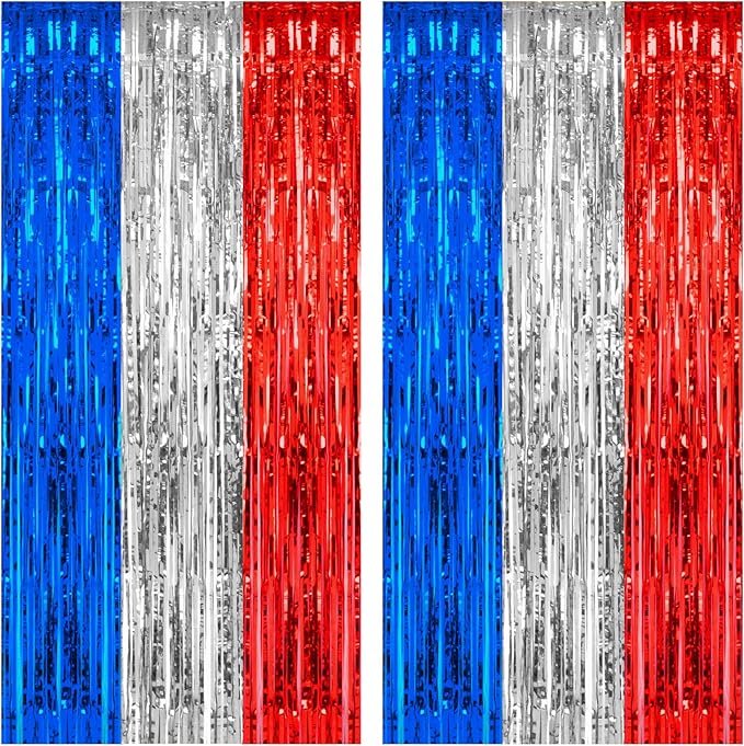 PIGETALE, 2 Pack 3.2 x 8.2 ft Red White and Blue Foil Fringe Backdrop Curtain, Streamer Backdrop Tinsel Curtains Photo Booth Props for Graduation Birthday Memo