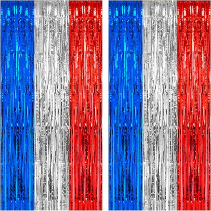 PIGETALE, 2 Pack 3.2 x 8.2 ft Red White and Blue Foil Fringe Backdrop Curtain, Streamer Backdrop Tinsel Curtains Photo Booth Props for Graduation Birthday Memo