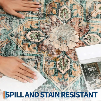 5x7 Area Rug Washable Boho Vintage Medal Print Small Carpet Non Slip Office Rugs Low Pile Soft Bedroom Carpet Non Shedding Nursery Floor Mats for Kitchen Dining Living Room Green Brown