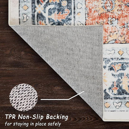 vivorug 5x7 Area Rugs - Boho Ultra-Thin Washable Rug with Non-Slip Backing, Ideal for Living Room, Bedroom, Kitchen Floor Carpet - Vintage Floral, Easy Clean, Durable, Low Pile Orange/Navy