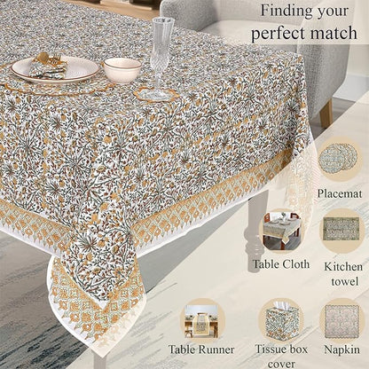 Ridhi Hand Block Print Goldenrod Yellow Rectangle Cotton Tablecloth 102" x 48" Reusable Table Cover Decorative Everyday Use for Dining, Farmhouse, Home Gift for Spring, Easter, Valentine