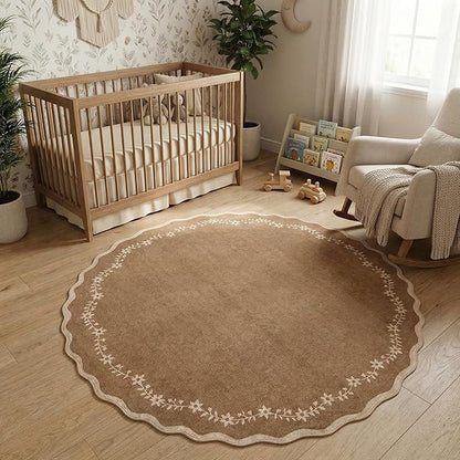 GarveeHome Round Area Rugs 5ft for Bedroom, Solid Brown Washable Circle Rug Soft Non Slip Floral Print Floor Mat Carpet Indoor Thin Rug for Kids Room Dining Room Playroom Nursery