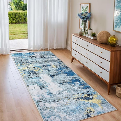 2x5 Runner Rugs for Hallways Kitchen Runner - Washable Runner Rug with Non Slip Rubber Backing, Soft Abstract Carpet Long Hallway Runners for Bedroom, Bathroom, Enterway(Blue)