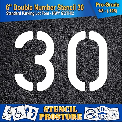 Pavement, Curb, and WheelStop Stencils - 6 inch Double Number Stencil - (30) - 6" x 9" x 1/8" (128 mil) - Pro-Grade