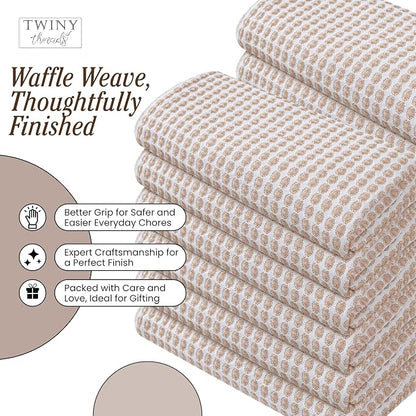 TWINY threads Circle Waffle Dish Towels 4 Pack, 16x26 Inches, 100% Cotton, Heavy Duty, Absorbent Dishcloth Set, Perfect for Drying Dishes for Kitchen, Rustic Homes, Embroidery, General Use, Beige