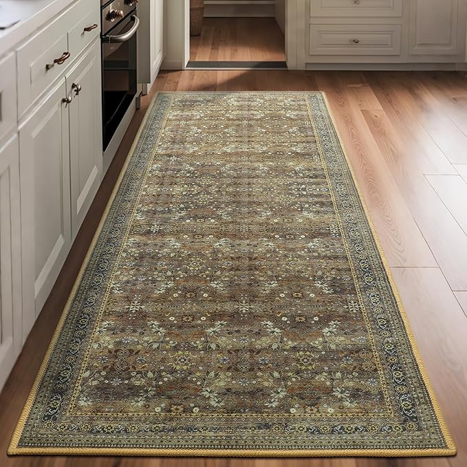 2x6 Washable Kitchen Runner Rug for Hallways, Non Slip Laundry Runners for Bathroom, Low Pile Rubber Backed Rugs for Entryway, Vintage Floral Carpet for Living Room Bedroom Brown/Yellow