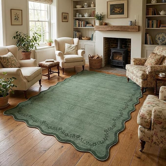 GarveeHome 5x7 Scalloped Area Rug Green Washable Rugs for Living Room Bedroom, Soft Low Pile Non Slip Accent Floor Mat Solid Floral Print Throw Rug Farmhouse Indoor Carpet for Dorm Playroom