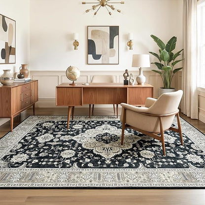 Maxsoft Large Area Rugs for Living Room Bedroom, 8x10 Black Gold Washable Rug with Rubber Backing, Non-Slip and Stain Resistant Soft Throw Indoor Carpet for Dining Room Office Kitchen Dorm Home Decor