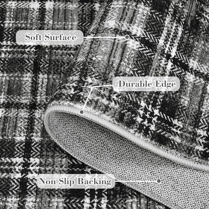 Washable Area Rug 5x7 Rug for Living Room Non Slip Modern Rug Soft Area Rug for Bedroom Farmhouse Black Plaid Throw Rugs Contemporary Stain Resistant Carpet for Dining Room 5'x7' Black/Grey