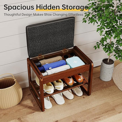 Shoe Rack Bench with Flip-Top Storage, Rubberwood 2-Tier Shoe Organizer with Cushion, Small Wooden Shoe Stand for Entryway, Mudroom, Hallway, Closet, Front Door Entrance, Foyer