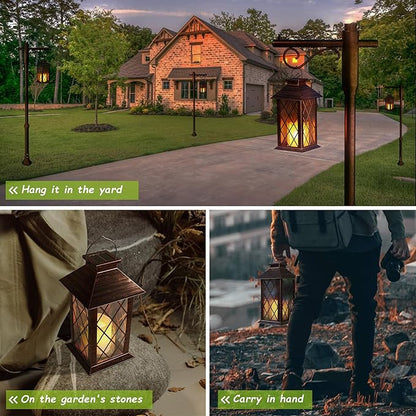 Outdoor Solar Lanterns, Waterproof Hanging Lantern with LED Flickering Flameless Candle, 13'' Bronze Outdoor Solar Powered Lantern Decor for Porch Patio Garden Balcony Pathway, 2 Pack