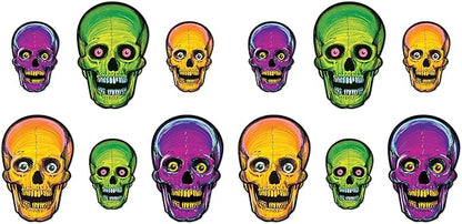 Beistle 1456 Vintage Halloween Nite-Glo Skull Cutouts, 12 Piece, 8.5" & 12.75", Multicolored