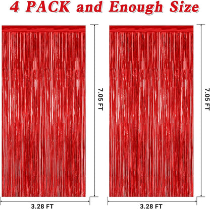 4 Pack Red Backdrop, 3.28 FT x 7.05 FT Party Streamer, Metallic Birthday Tinsel Backdrop Foil Fringe Curtains, Door Streamer for Red Party Decorations Casino Decor Photo Booth Props