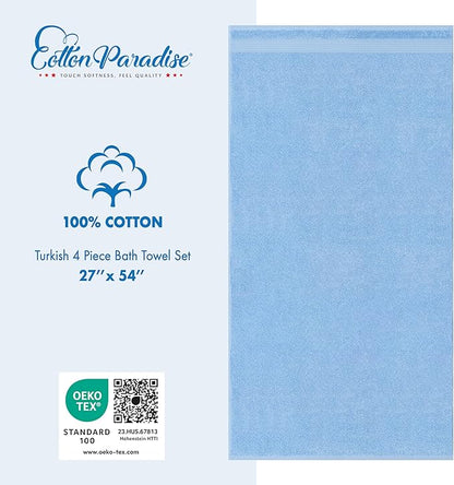 Cotton Paradise 100% Cotton Turkish Towel Set, Soft Absorbent Quick Dry, 4 Piece Bath Towel Set, Sky Blue