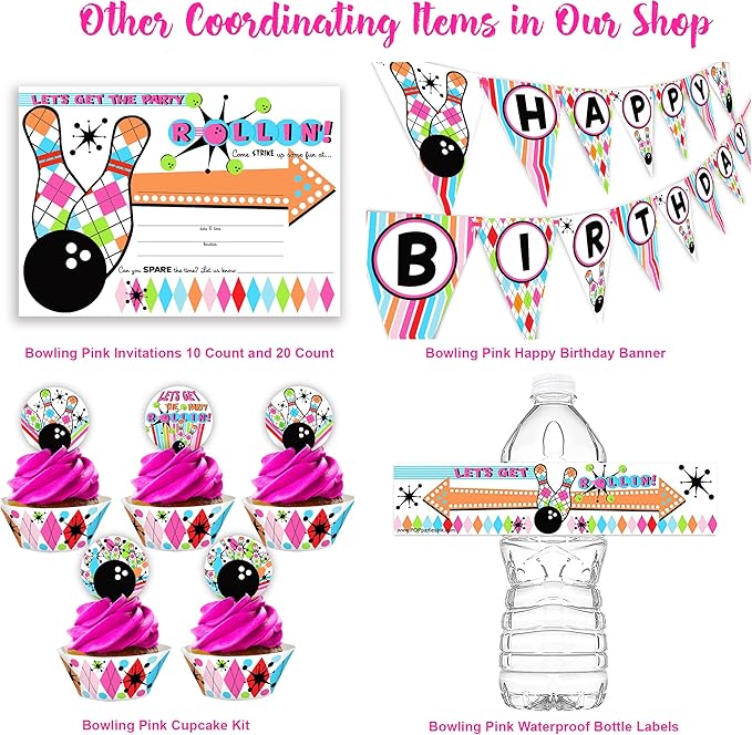 Bowling Cupcake Toppers and Cupcake Wrappers - 24 Cupcake Toppers and 24 Cupcake Wrappers - Bowling Party Supplies - Bowling Party Decorations - Glow Pink Cupcake