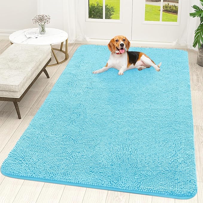 OLANLY Dog Door Mat for Muddy Paws 70x46, Absorbs Moisture and Dirt, Absorbent Non-Slip Washable Doormat, Quick Dry Chenille Mud Mat for Dogs, Entry Indoor Entryway Carpet for Inside Floor, Blue