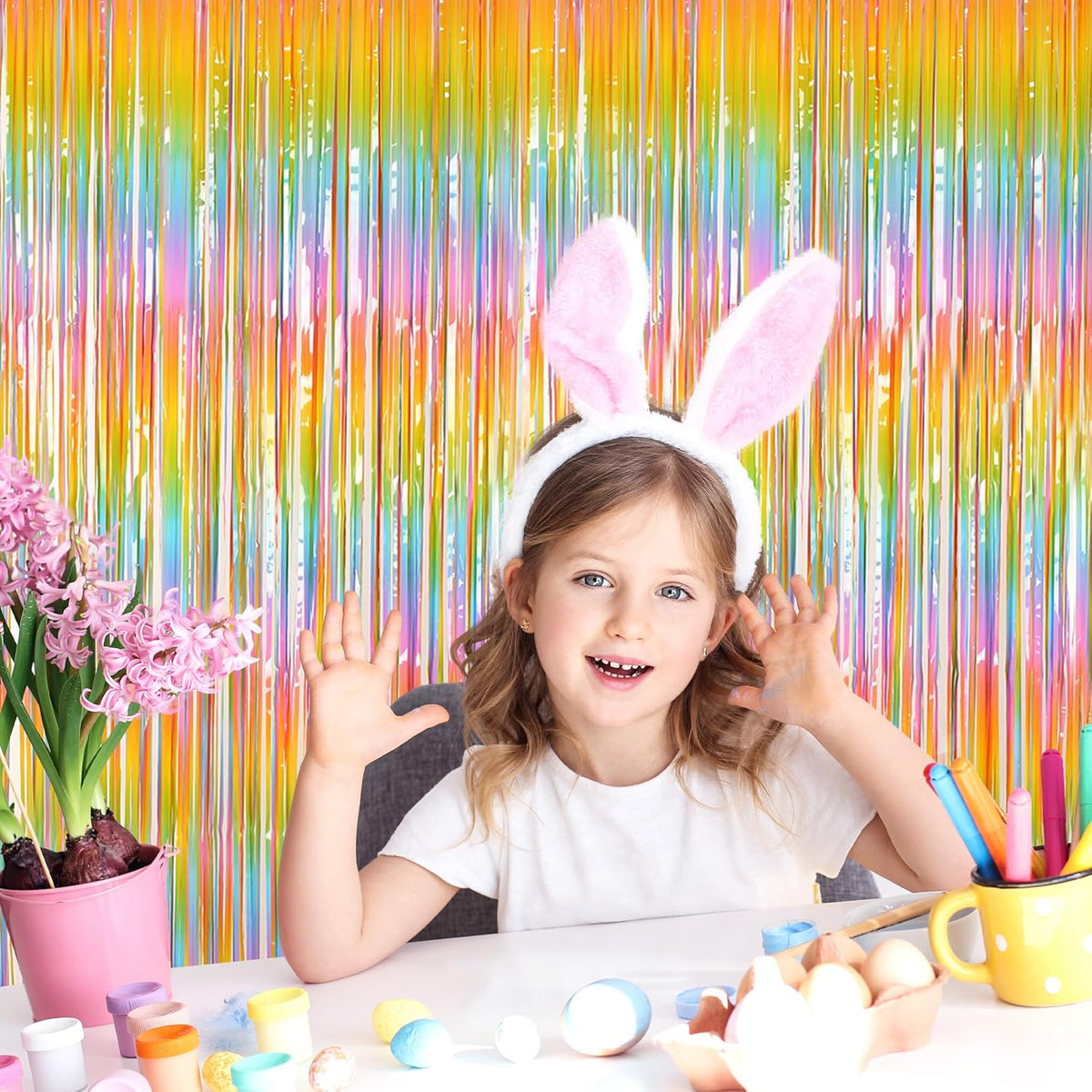Melsan 2 Pack 3.2 ft x 8.2 ft Pastel Tinsel Foil Fringe Curtains Backdrop, Metallic Rainbow Foil Curtains for Easter Party Decorations Party Photo Booth Props Decoration (Rainbow)