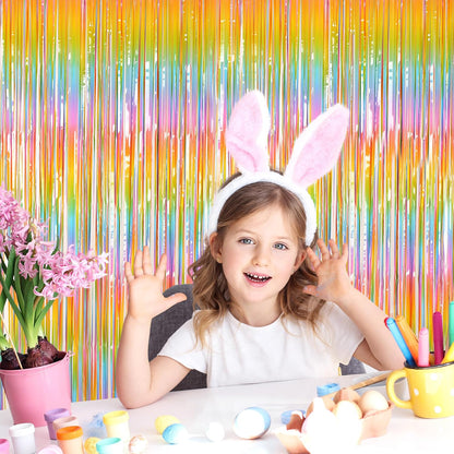 Melsan 2 Pack 3.2 ft x 8.2 ft Pastel Tinsel Foil Fringe Curtains Backdrop, Metallic Rainbow Foil Curtains for Easter Party Decorations Party Photo Booth Props Decoration (Rainbow)