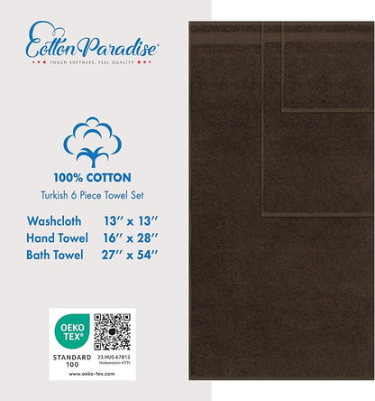 Cotton Paradise 100% Cotton Turkish Towel Set, Soft Absorbent Quick Dry, 6 Piece Towel Set, Chocolate Brown