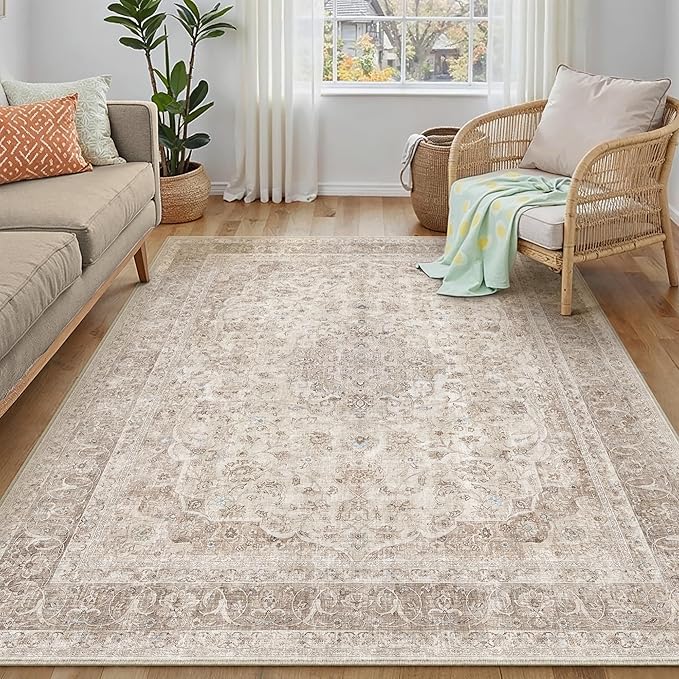 Beige Area Rug 4x5 Washable Office Entryway Vintage Carpet Low Pile Non Slip Distressed Door Mat Soft Traditional Retro Oriental Small Accent Throw Rug Kitchen Bedroom Bathroom Dining Room