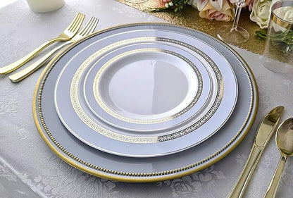 OCCASIONS 50 Blue Disposable Plates (25 Guests) - Heavyweight Plastic Plate Set with Gold Rim - 25 x 10.5" Dinner + 25 x 7.5" Salad/Dessert Plates for Wedding Party - Ritz Blue and Gold