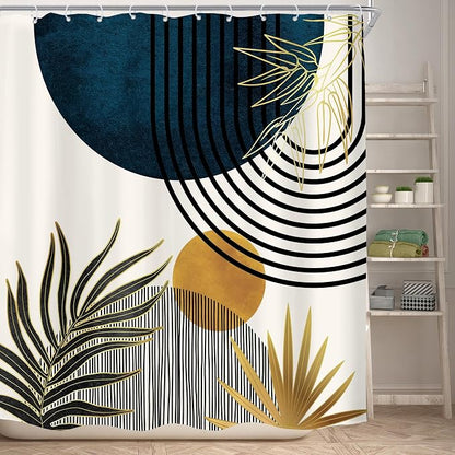 KOMLLEX Mid Century Blue Boho Shower Curtain 72Wx72L Inches Abstract Modern Blue Shower Curtains for Bathroom Decor Plant Botanical Minimalist Arch Sun Fabric Liner Waterproof Polyester 12 Pack Hooks