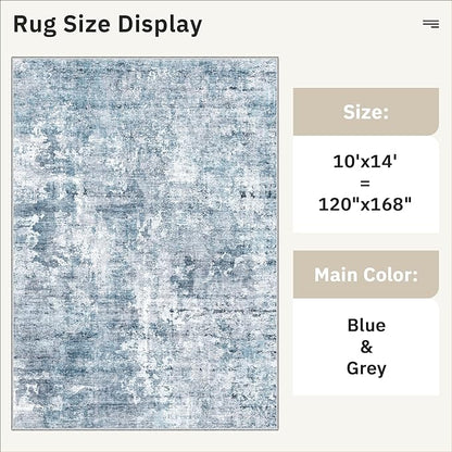 Soalmost 10x14 Area Rugs for Living Room, Non Slip Machine Washable Vintage Rugs, Low Pile Lightweight Large Rug for Bedroom, Dining Room, Home Office Blue