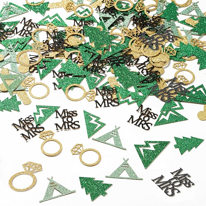 BeYumi Camp Bachelorette Table Confetti - 300Pcs Camping Table Confetti Decorations Gold Glitter Diamond Ring Miss to Mrs Mountain Tent Paper Decor for Hiking Engagement Party Supplies