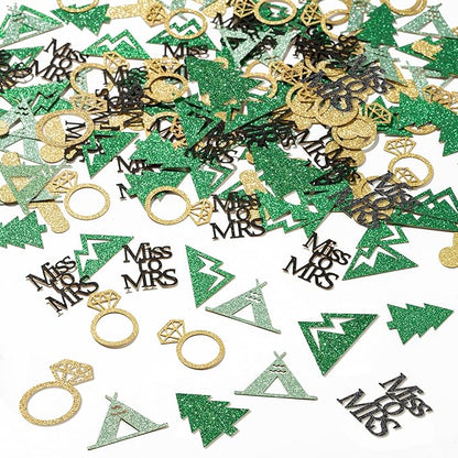 BeYumi Camp Bachelorette Table Confetti - 300Pcs Camping Table Confetti Decorations Gold Glitter Diamond Ring Miss to Mrs Mountain Tent Paper Decor for Hiking Engagement Party Supplies