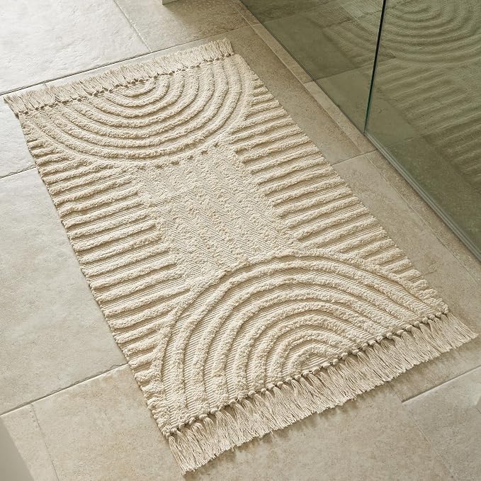 KIBAGA Beautiful Boho Rug with Tassels for Your Bathroom - Soft 2 x 3 ft. Cotton Rug Fits Perfectly Into Your Bath - Washable, Non-Slip Mat Ideal to Enhance Any Modern Home Decor, 24 x 36 inch